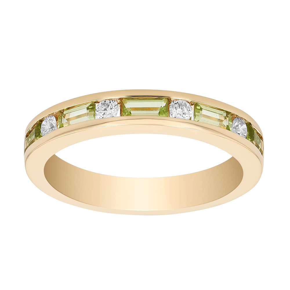 Baguette Peridot & Round Diamond Channel Set Ring in Yellow Gold