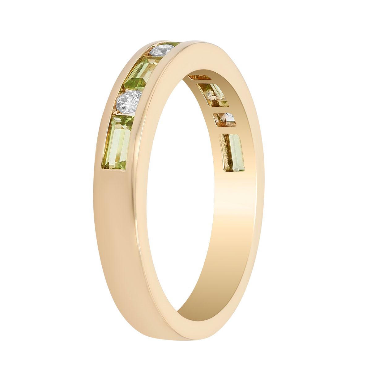 Baguette Peridot & Round Diamond Channel Set Ring in Yellow Gold