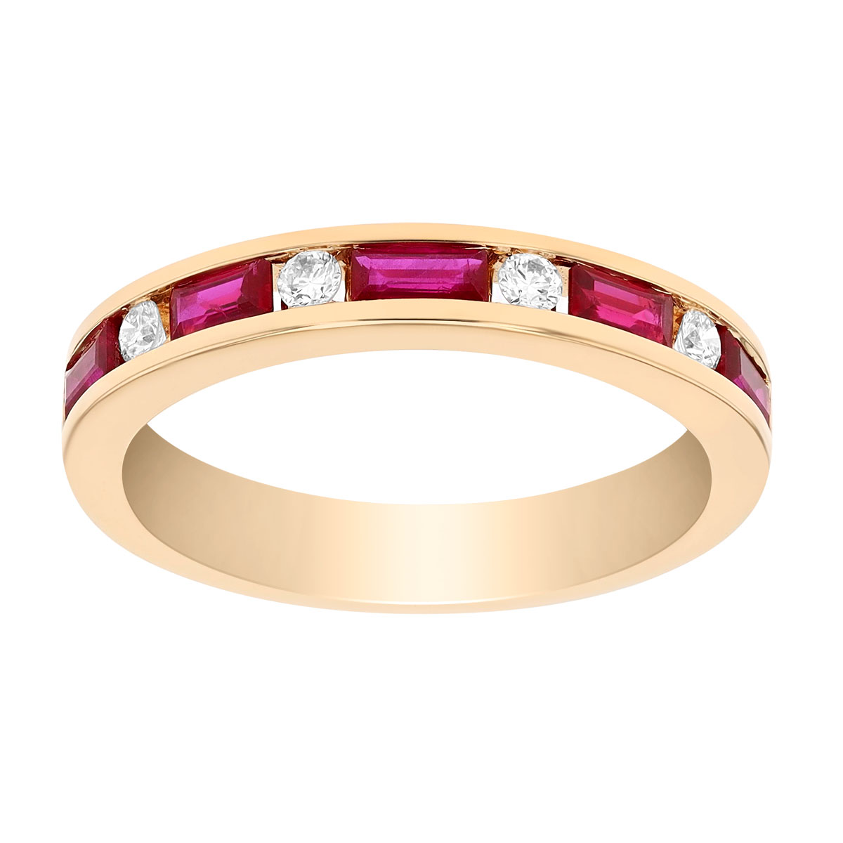 Baguette Ruby & Round Diamond Channel Set Ring in Yellow Gold
