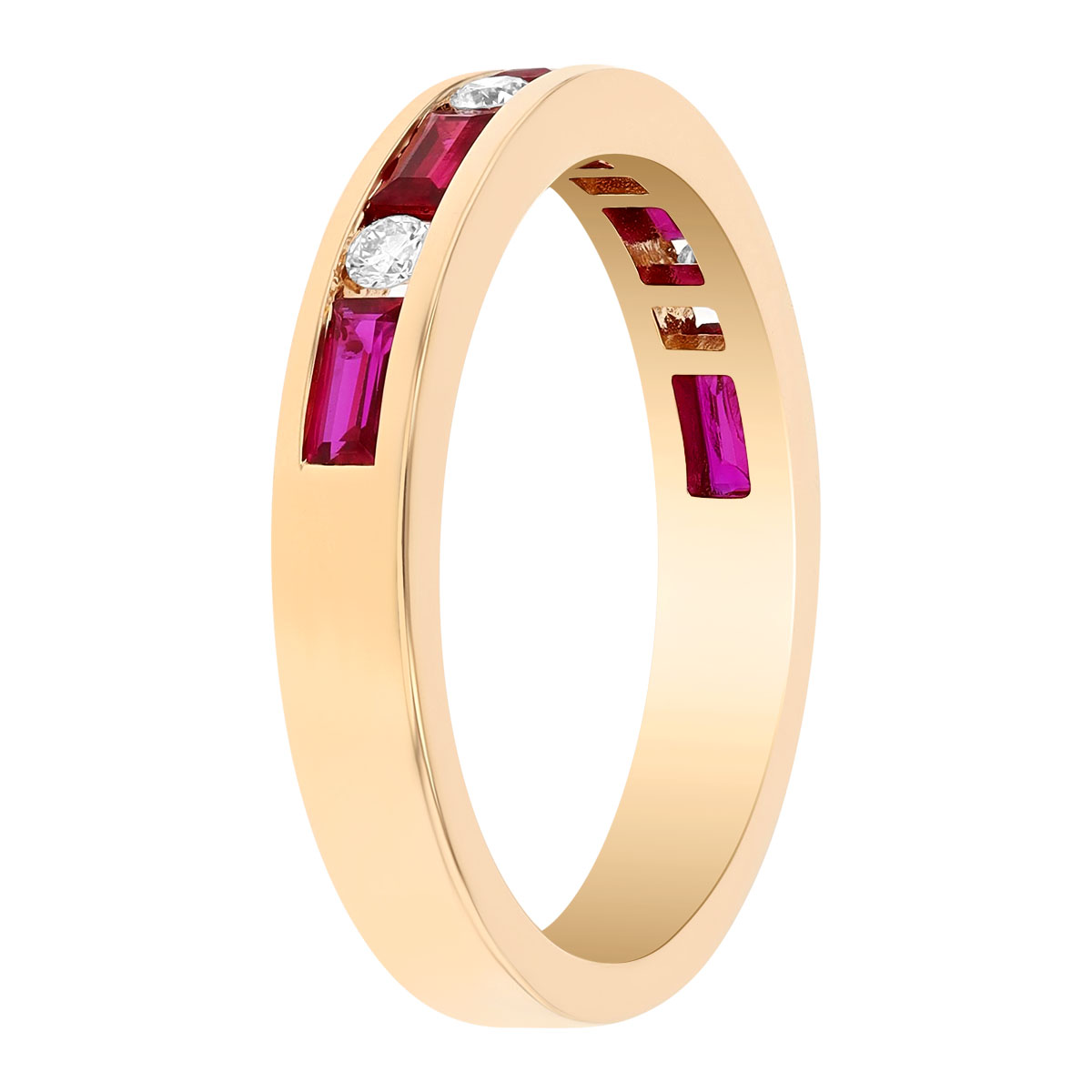 Baguette Ruby & Round Diamond Channel Set Ring in Yellow Gold
