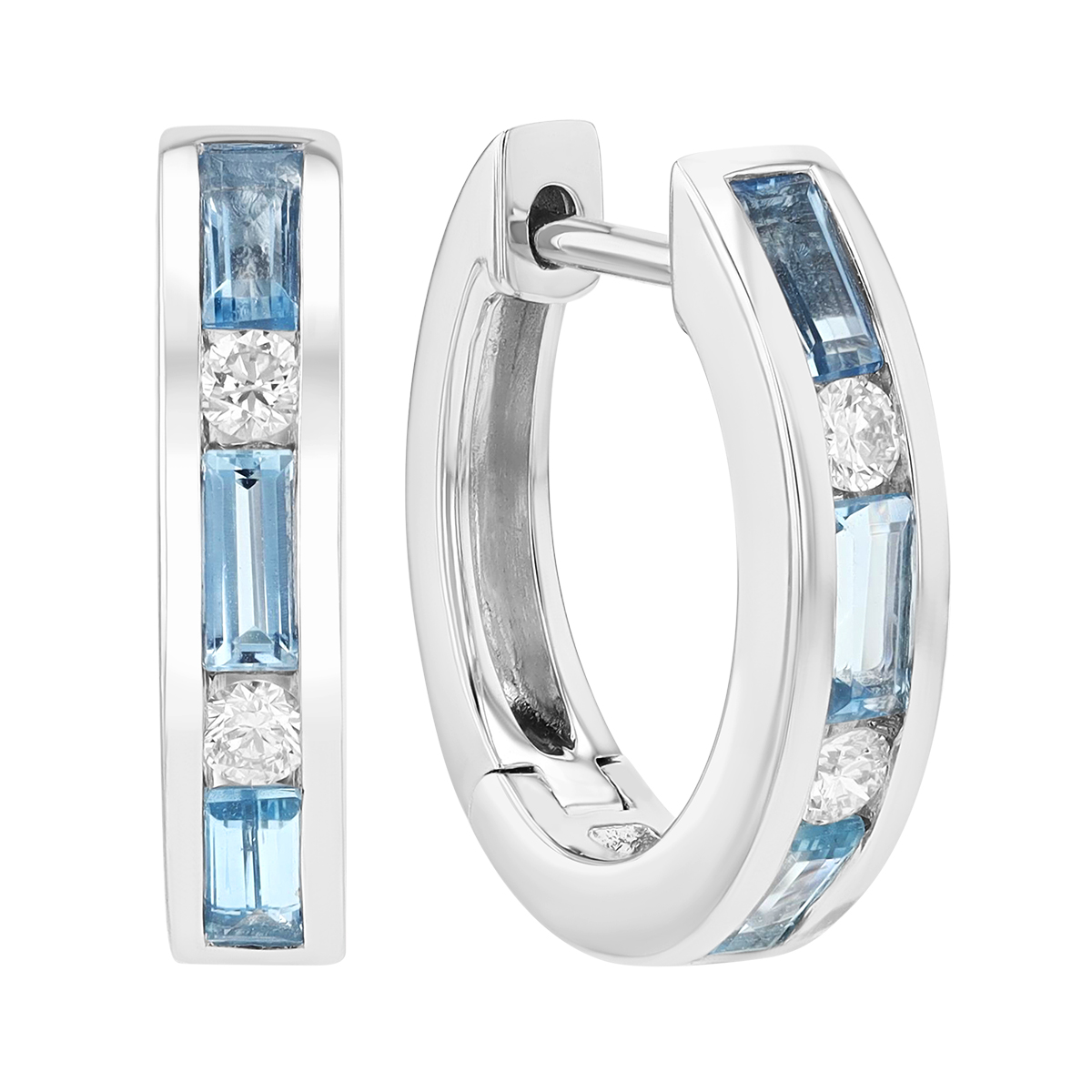 Baguette Aquamarine & Round Diamond Channel Set Hoop Earrings in White Gold