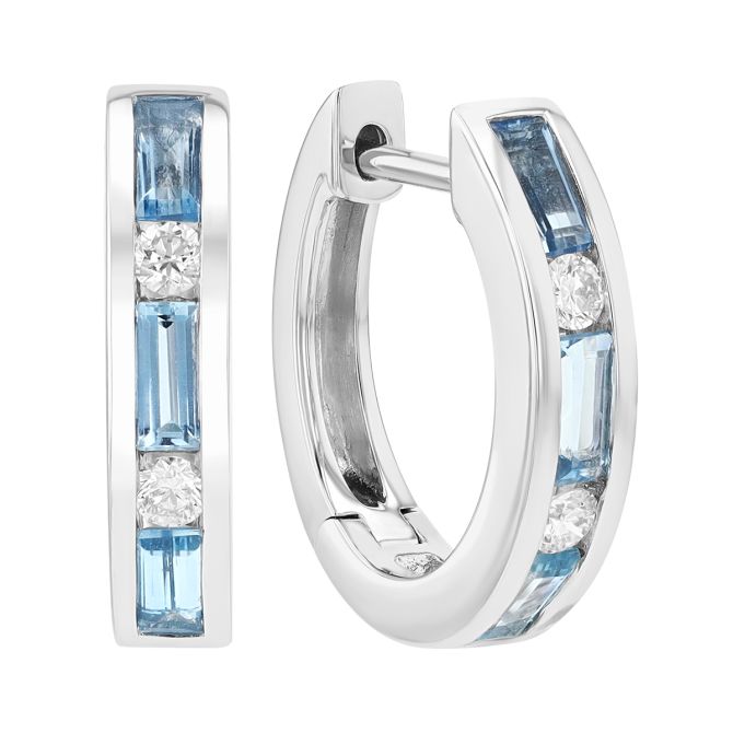 Baguette Aquamarine & Round Diamond Channel Set Hoop Earrings in White Gold