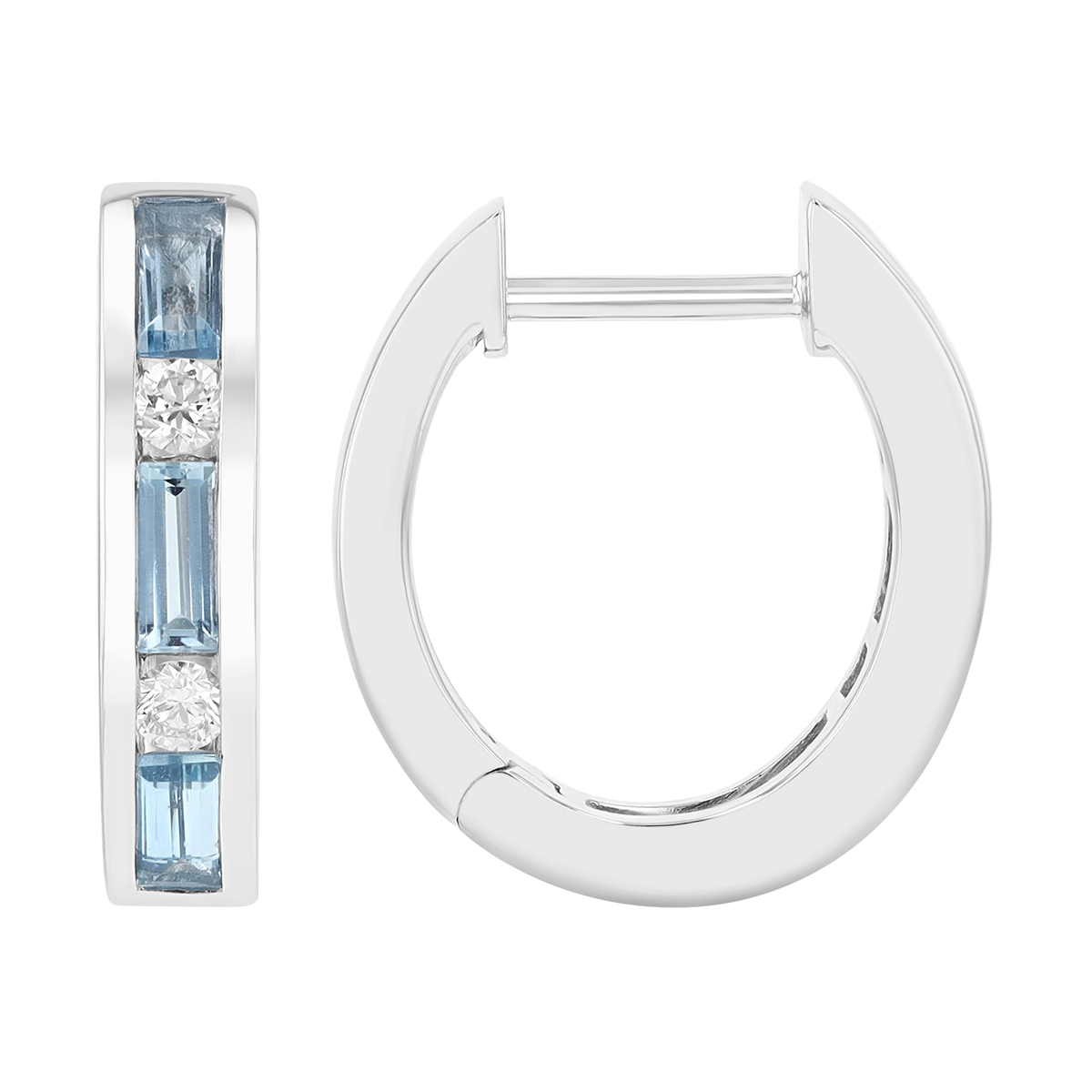 Baguette Aquamarine & Round Diamond Channel Set Hoop Earrings in White Gold
