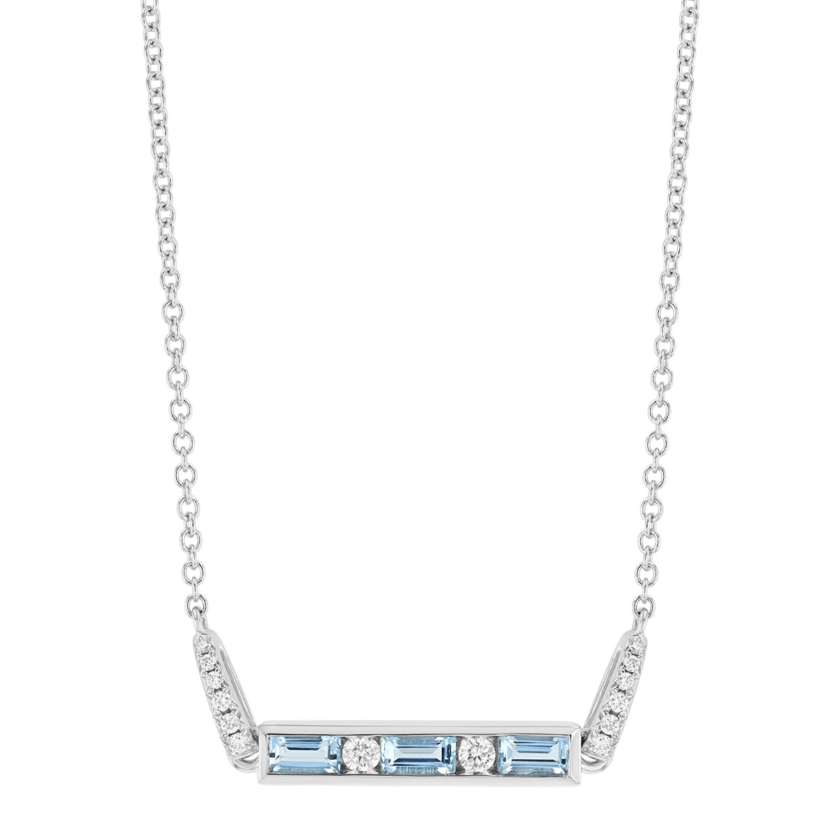 Baguette Aquamarine & Round Diamond Channel Set Bar Necklace in White Gold, 17