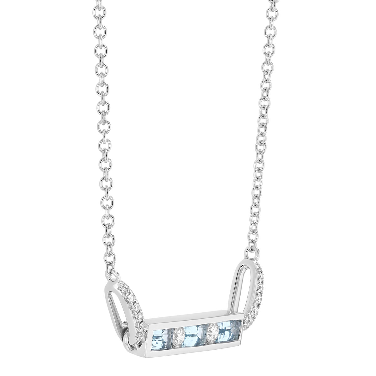 Baguette Aquamarine & Round Diamond Channel Set Bar Necklace in White Gold, 17