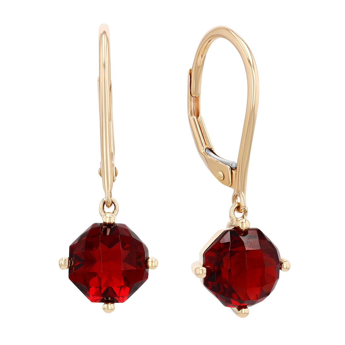 Round Checkerboard Garnet Dangle Hoop Earrings in Yellow Gold