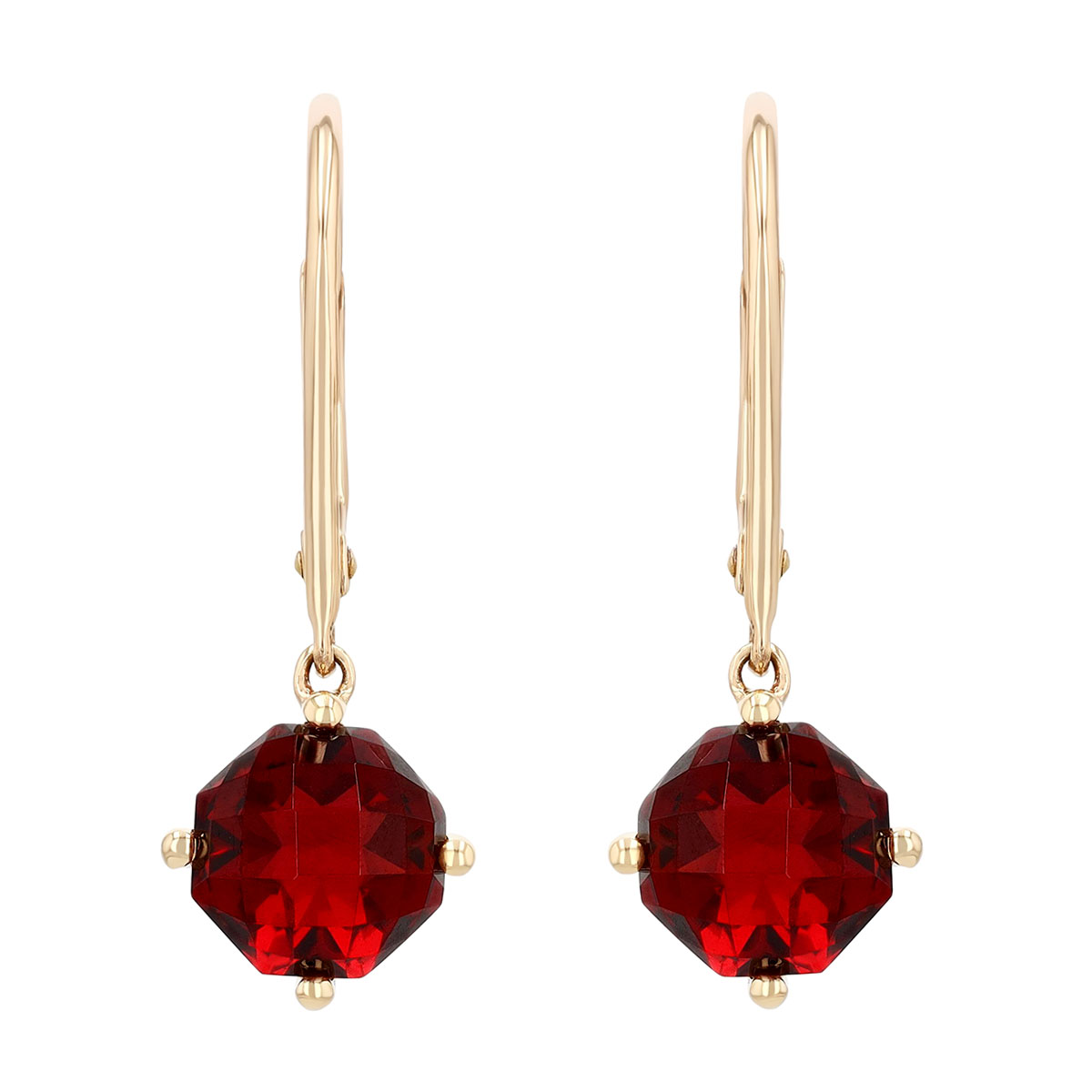 Round Checkerboard Garnet Dangle Hoop Earrings in Yellow Gold