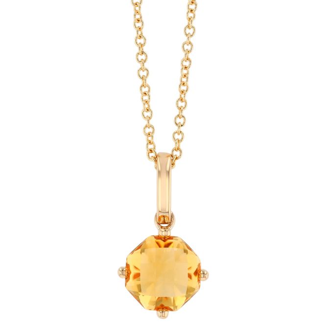 Round Checkerboard Citrine Solitaire Pendant in Yellow Gold, 18"