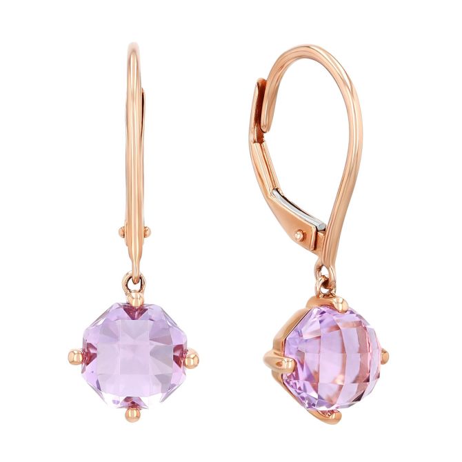 Checkerboard Amethyst Dangle Hoop Earrings in Rose Gold