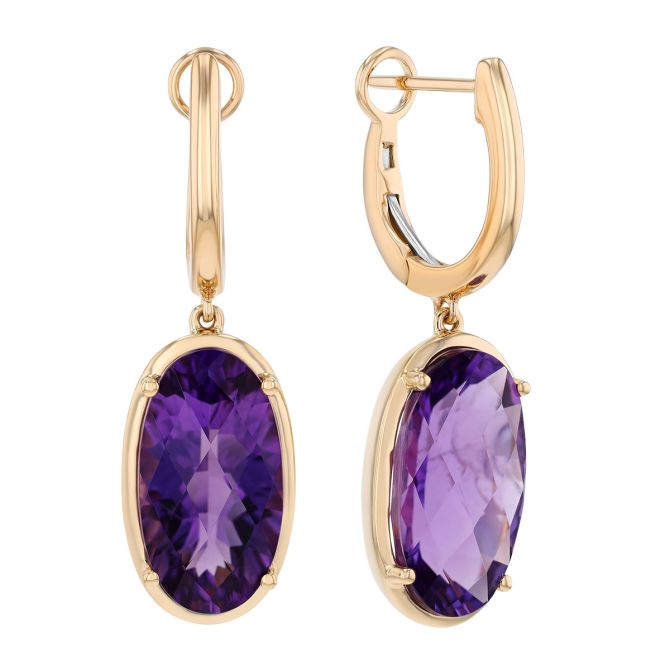 Oval Checkerboard Amethyst Dangle Huggie Hoop Earrings in Yellow Gold