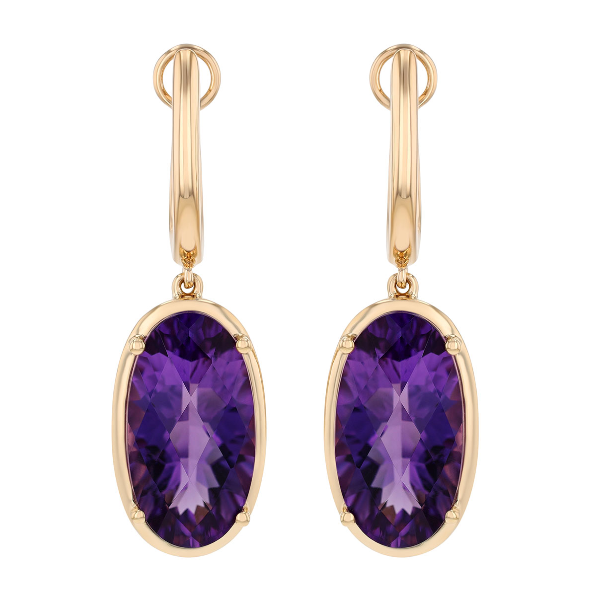 Oval Checkerboard Amethyst Dangle Huggie Hoop Earrings in Yellow Gold