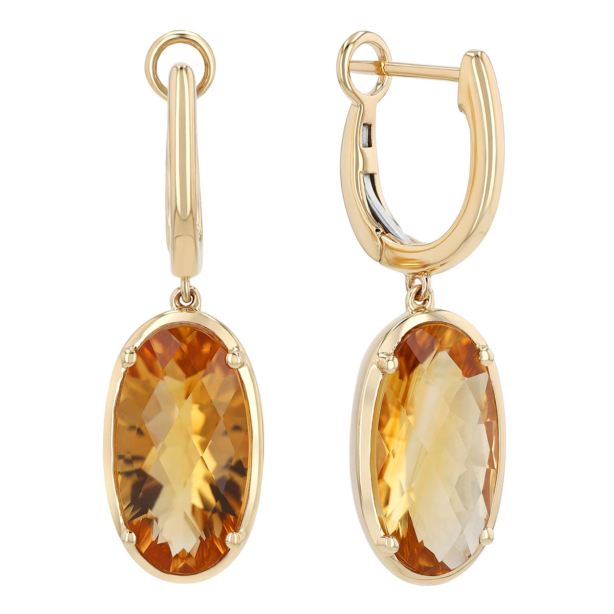 Oval Checkerboard Citrine Huggie Hoop Dangle Earrings in Yellow Gold