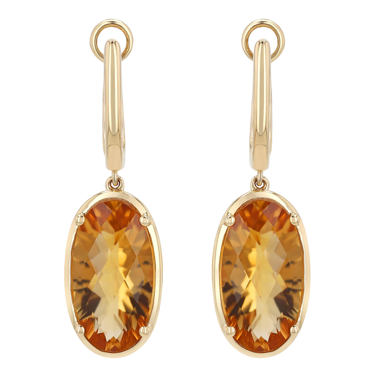 Oval Checkerboard Citrine Huggie Hoop Dangle Earrings in Yellow Gold