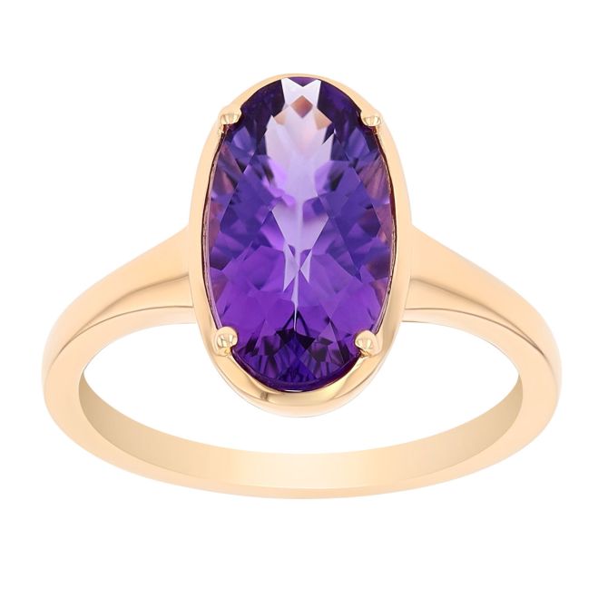 Oval Checkerboard Amethyst Solitaire Ring in Yellow Gold