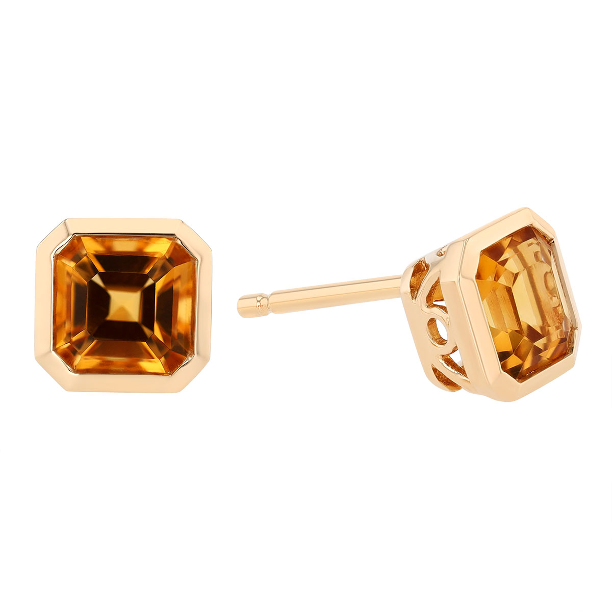 Bezel Set Asscher Cut Citrine Stud Earrings in Yellow Gold