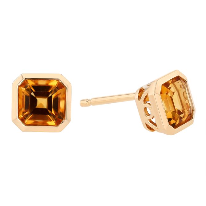 Bezel Set Asscher Cut Citrine Stud Earrings in Yellow Gold
