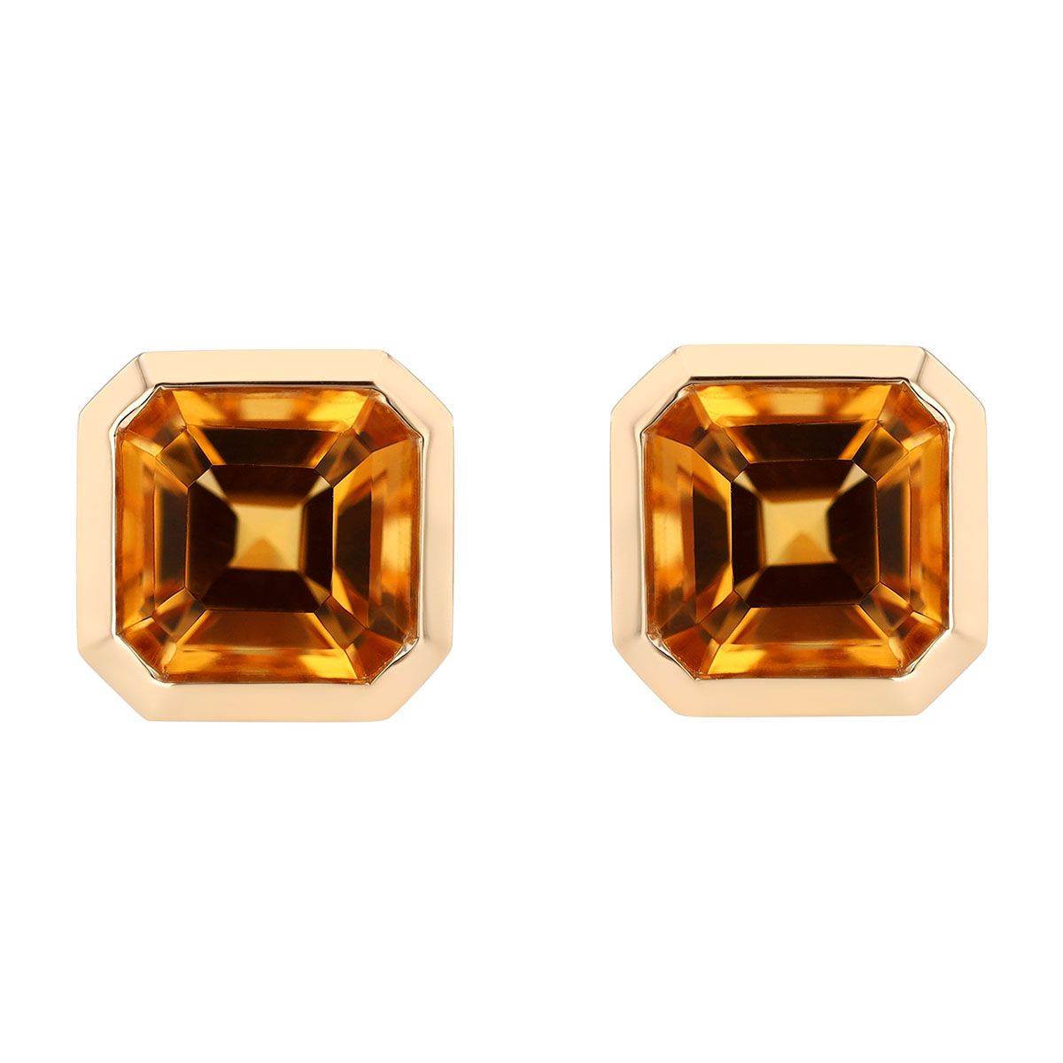 Bezel Set Asscher Cut Citrine Stud Earrings in Yellow Gold