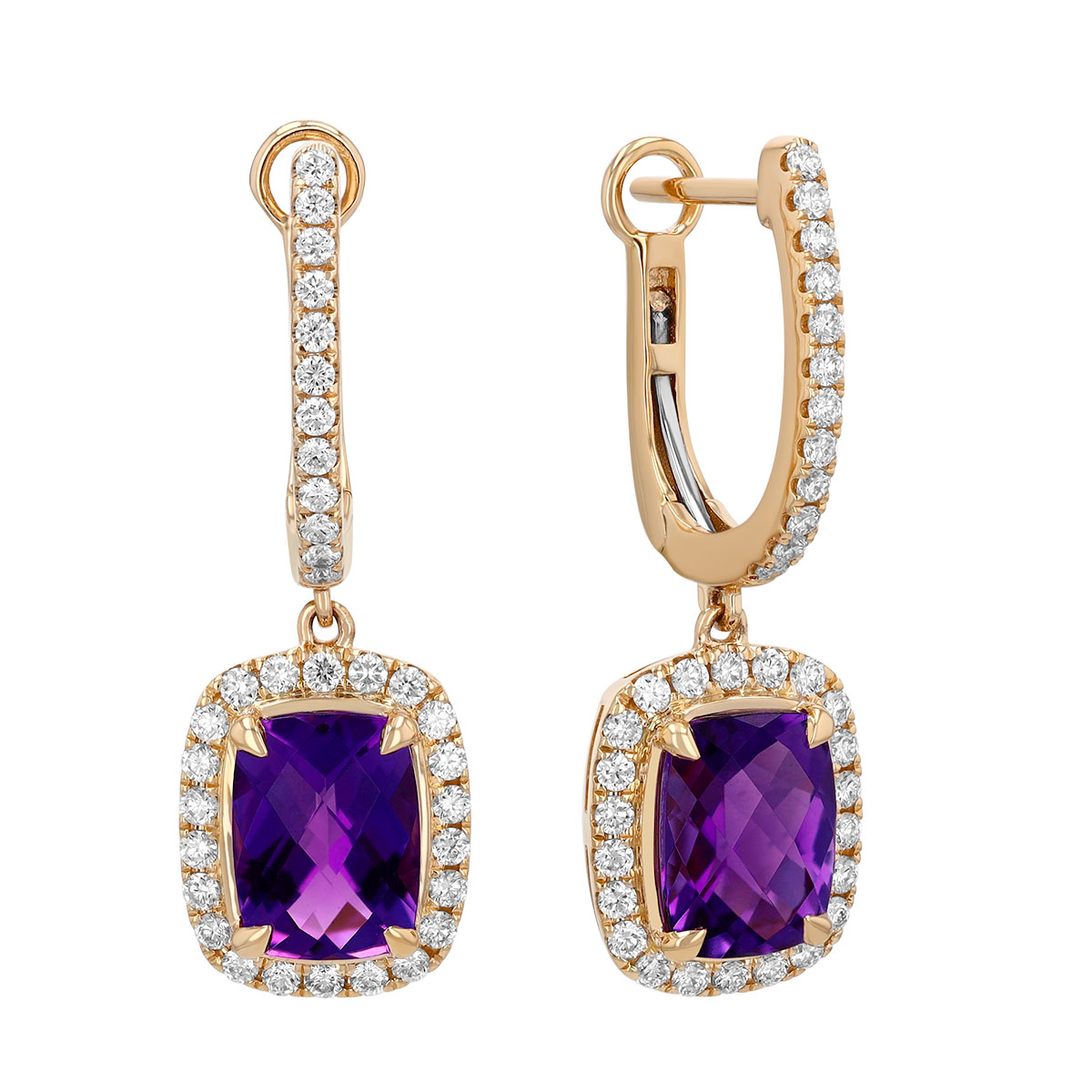 Cushion Cut Amethyst & Diamond Halo Dangle Hoop Earrings in Yellow Gold