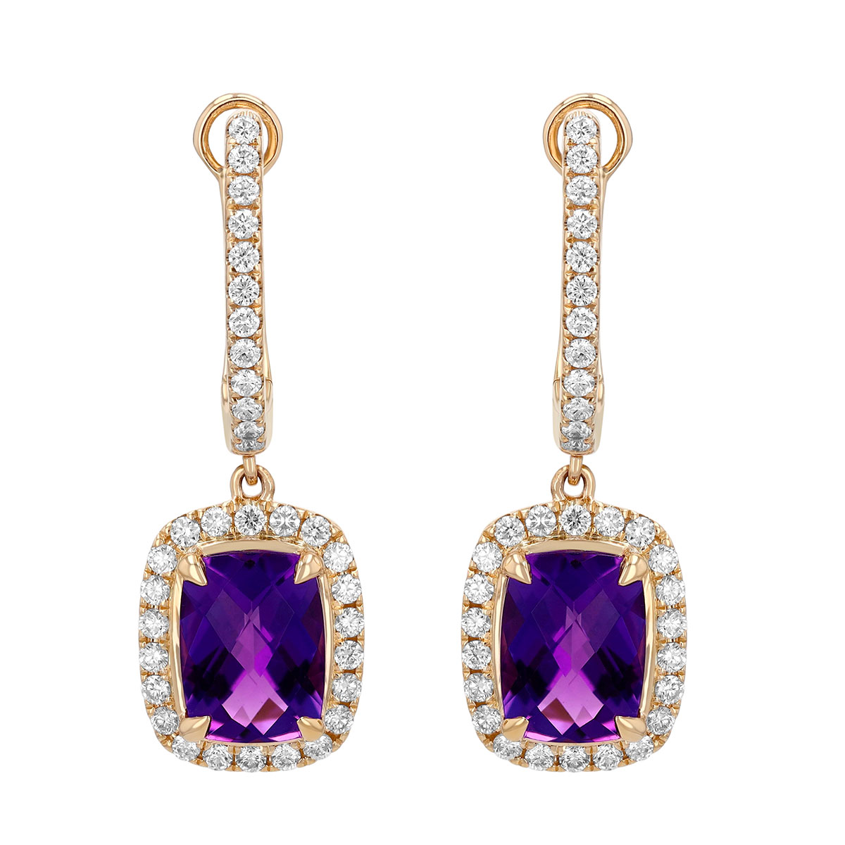 Cushion Cut Amethyst & Diamond Halo Dangle Hoop Earrings in Yellow Gold