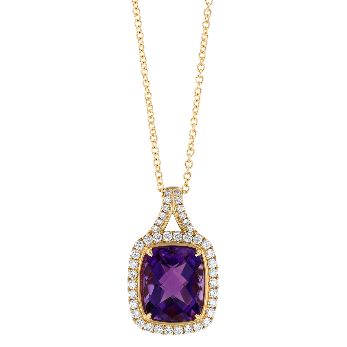 Cushion Cut Amethyst & Diamond Halo Pendant in Yellow Gold, 18