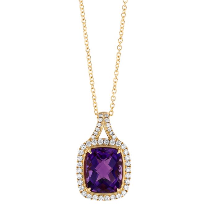 Cushion Cut Amethyst & Diamond Halo Pendant in Yellow Gold, 18"