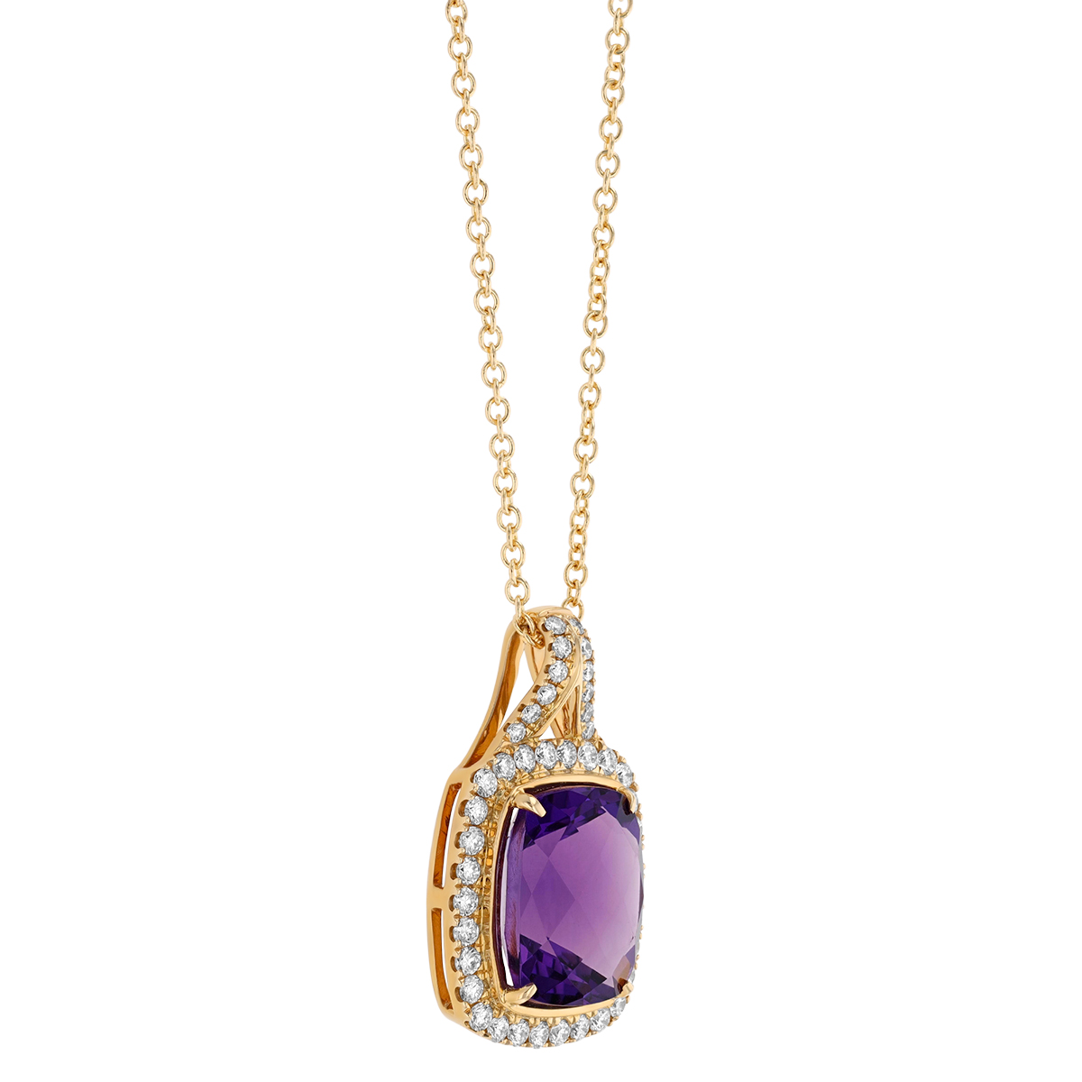 Cushion Cut Amethyst & Diamond Halo Pendant in Yellow Gold, 18