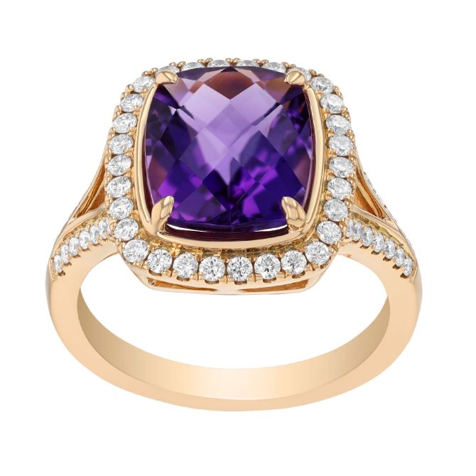 Cushion Cut Amethyst & Diamond Halo Ring in Yellow Gold
