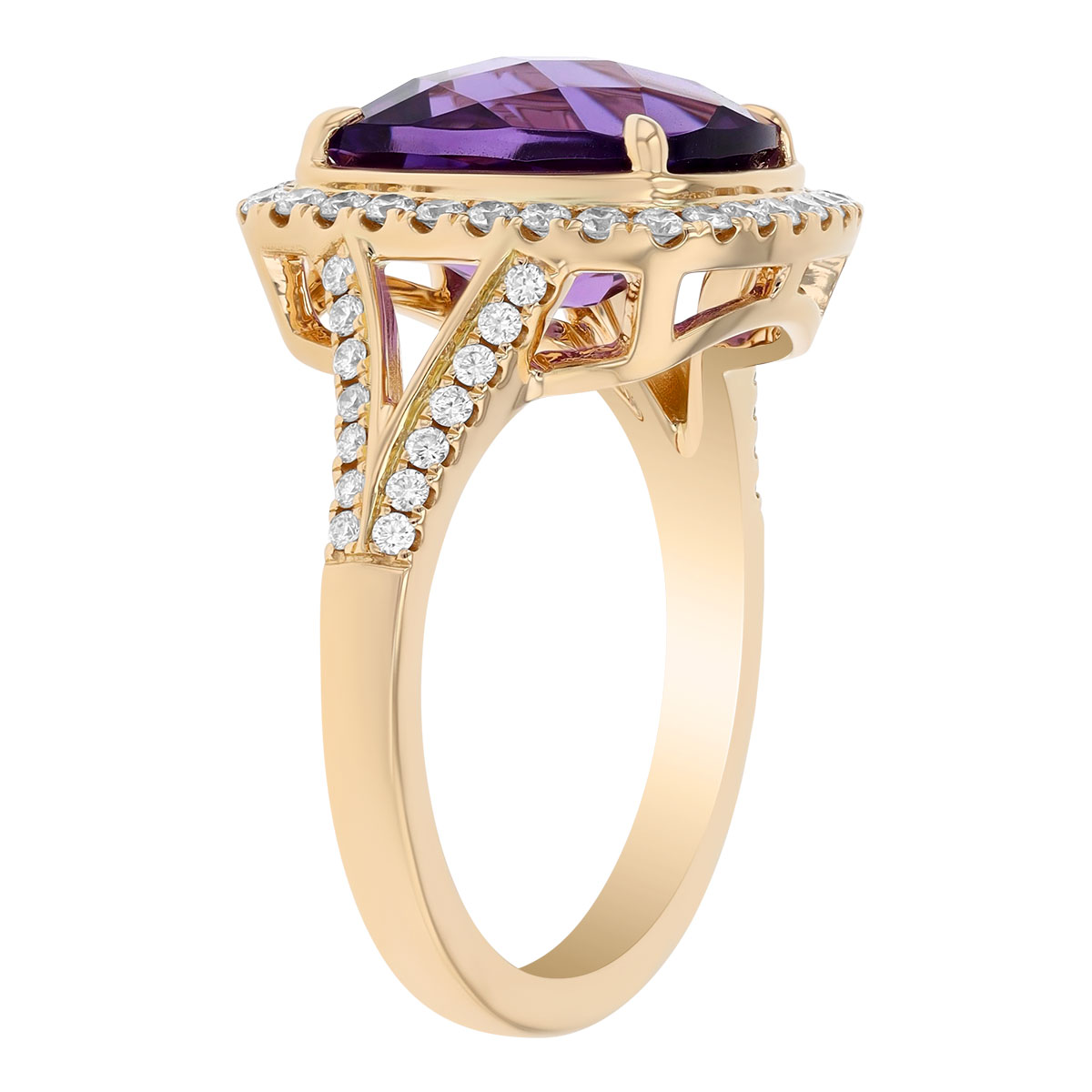 Cushion Cut Amethyst & Diamond Halo Ring in Yellow Gold