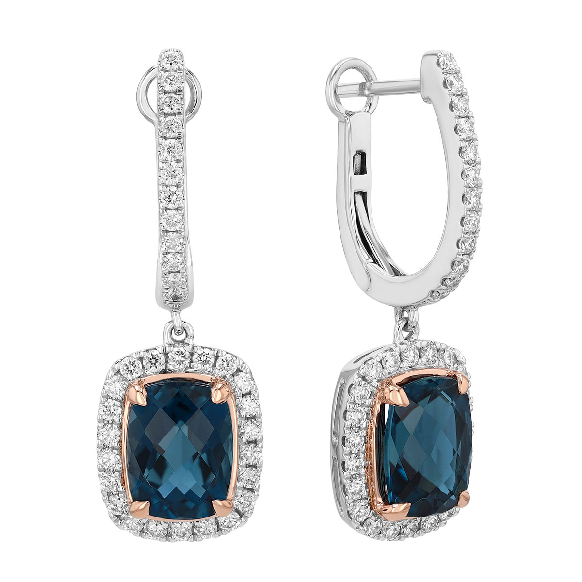 Cushion Cut Topaz & Diamond Huggie Hoop Dangle Earrings in Rose & White Gold