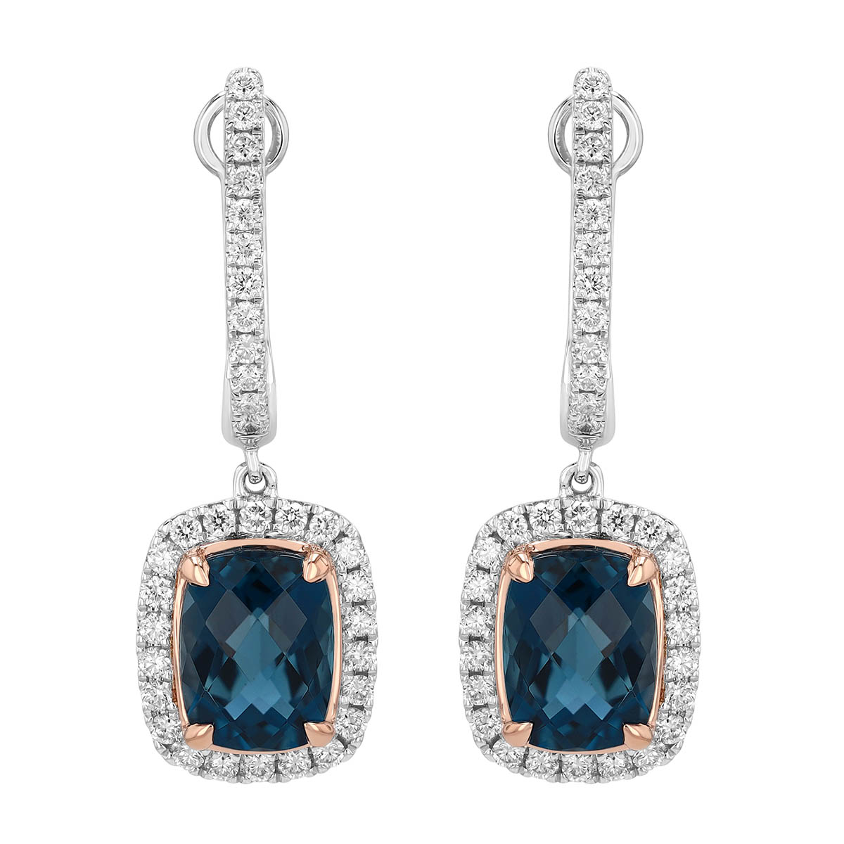 Cushion Cut Topaz & Diamond Huggie Hoop Dangle Earrings in Rose & White Gold