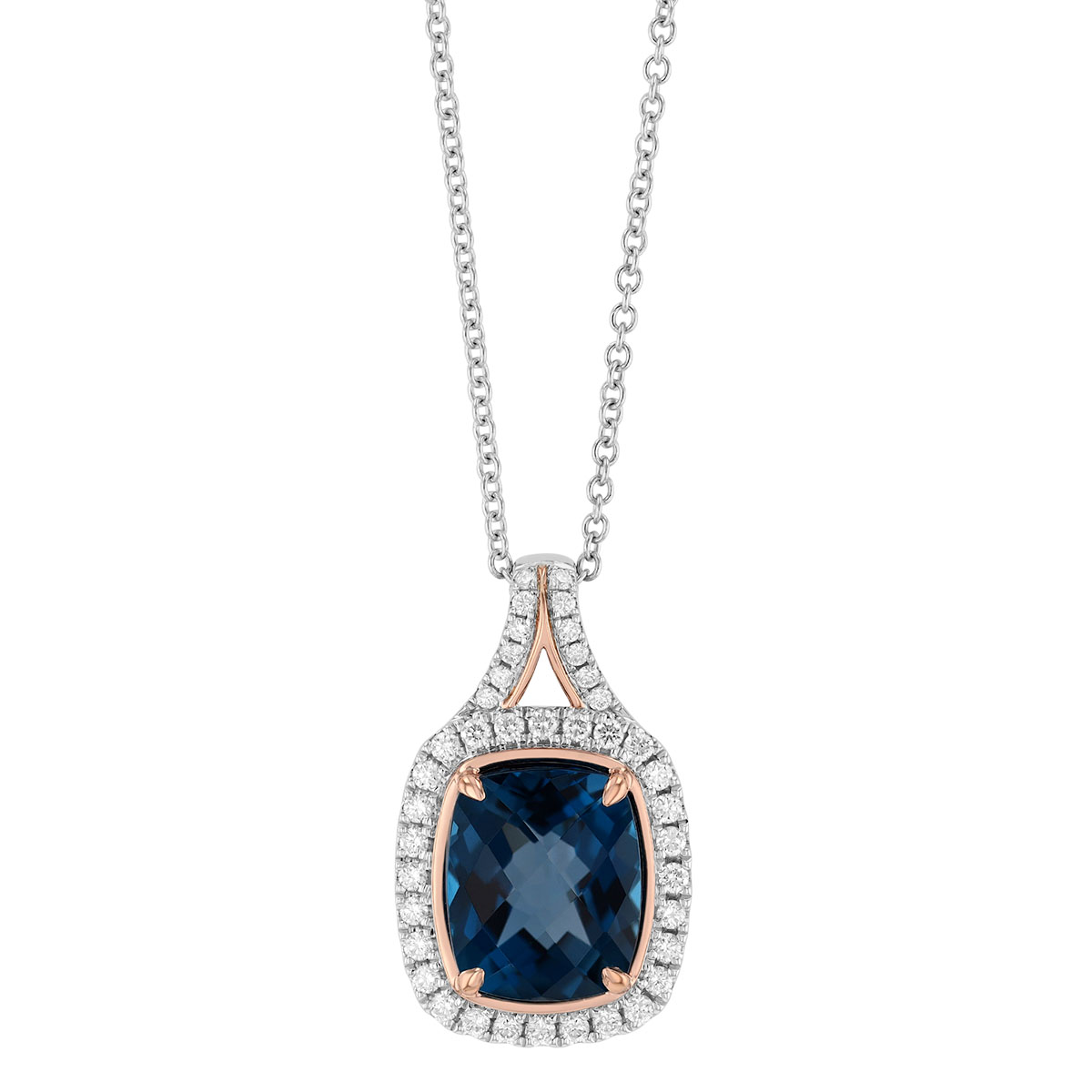 Cushion Cut Topaz & Diamond Halo Pendant in Rose & White Gold, 18