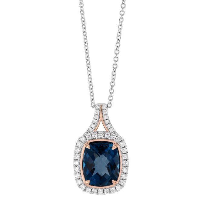 Cushion Cut Topaz & Diamond Halo Pendant in Rose & White Gold, 18"