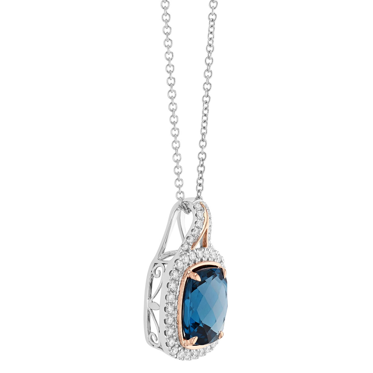 Cushion Cut Topaz & Diamond Halo Pendant in Rose & White Gold, 18