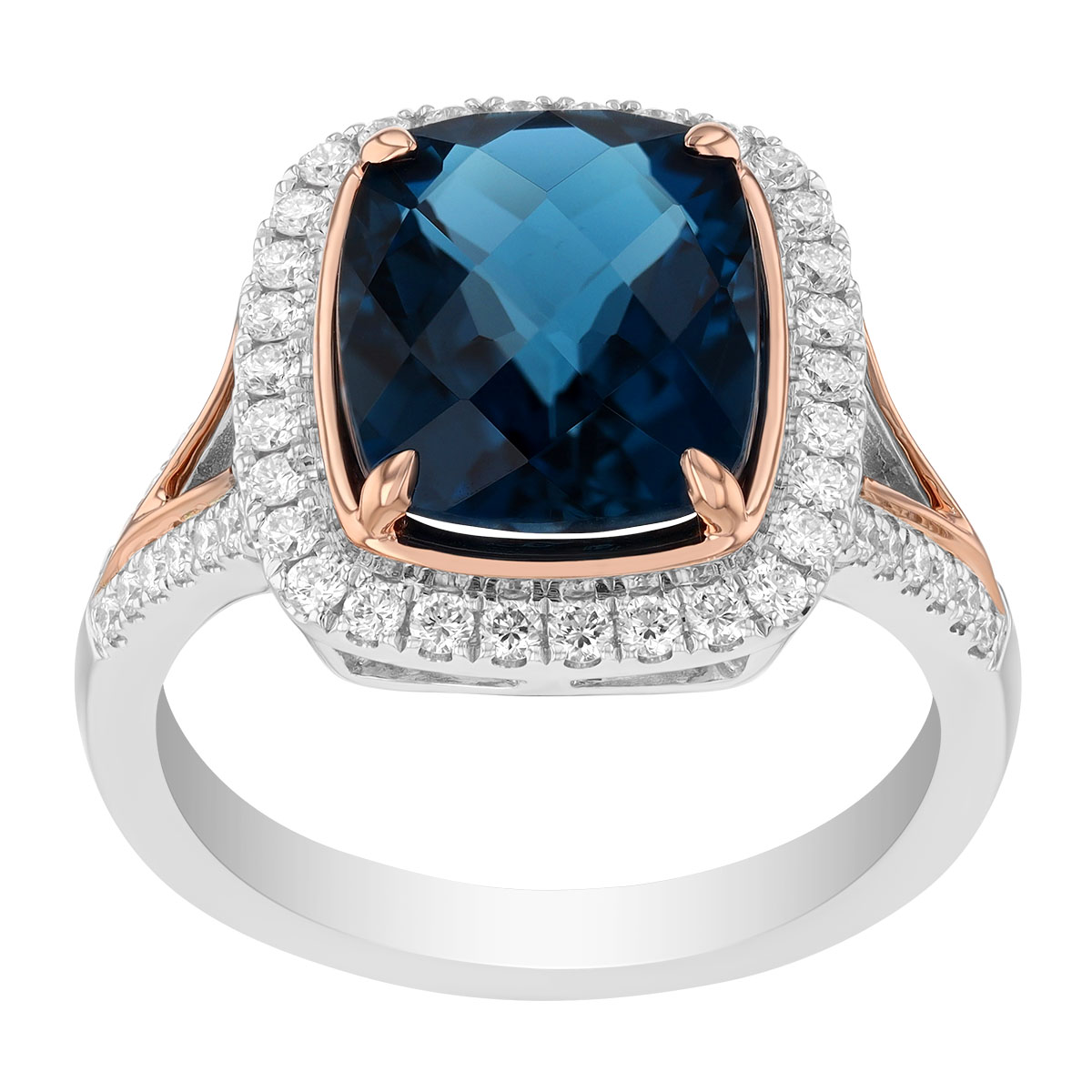 Cushion Cut Topaz & Diamond Halo Ring in Rose & White Gold