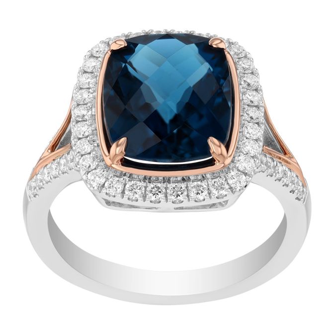Cushion Cut Topaz & Diamond Halo Ring in Rose & White Gold