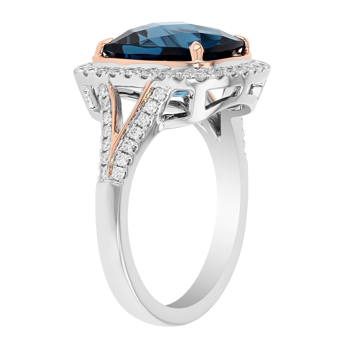 Cushion Cut Topaz & Diamond Halo Ring in Rose & White Gold