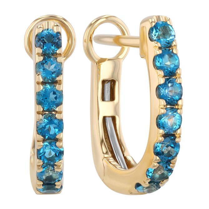 Blue Topaz Huggie Hoop Earrings in Yellow Gold