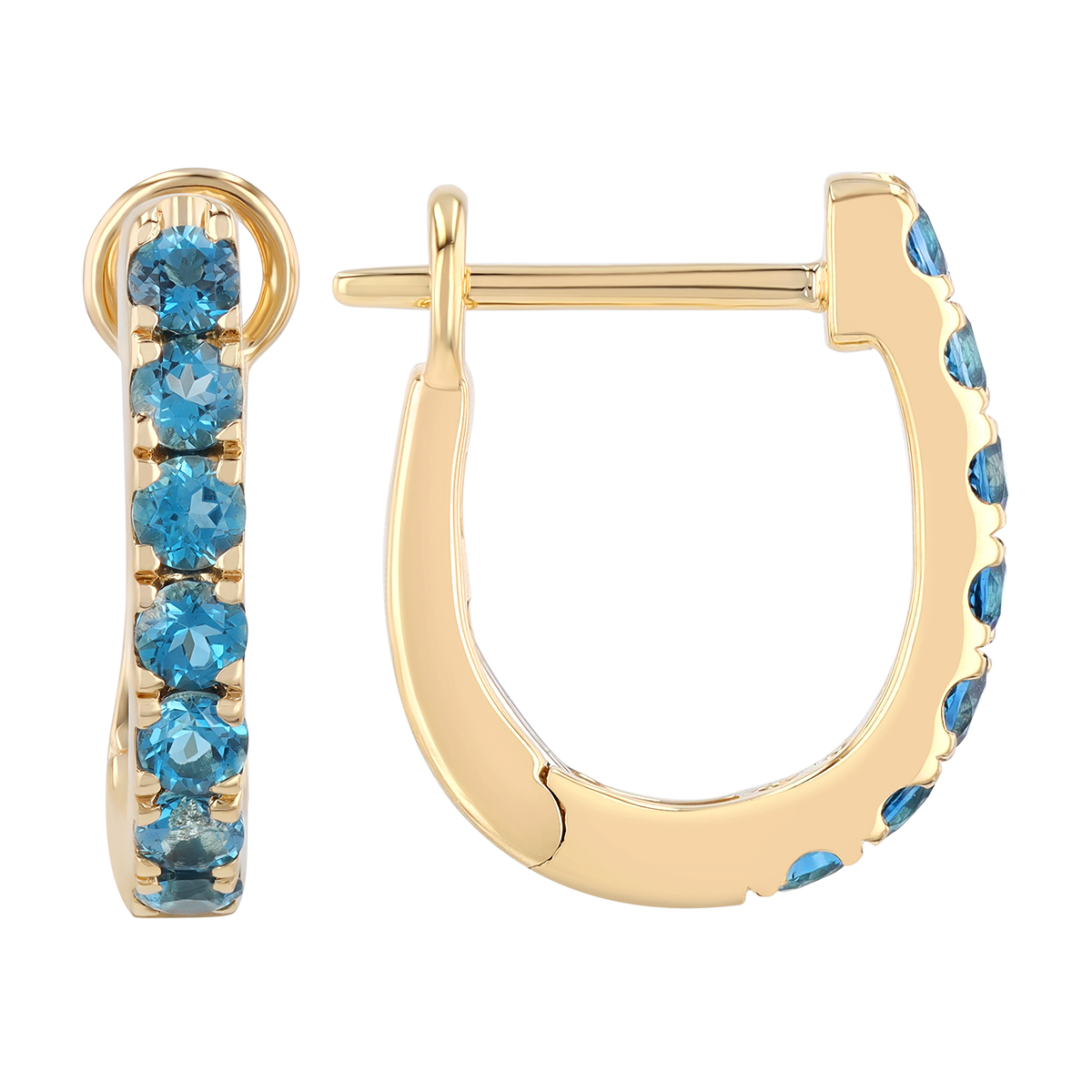 Blue Topaz Huggie Hoop Earrings in Yellow Gold
