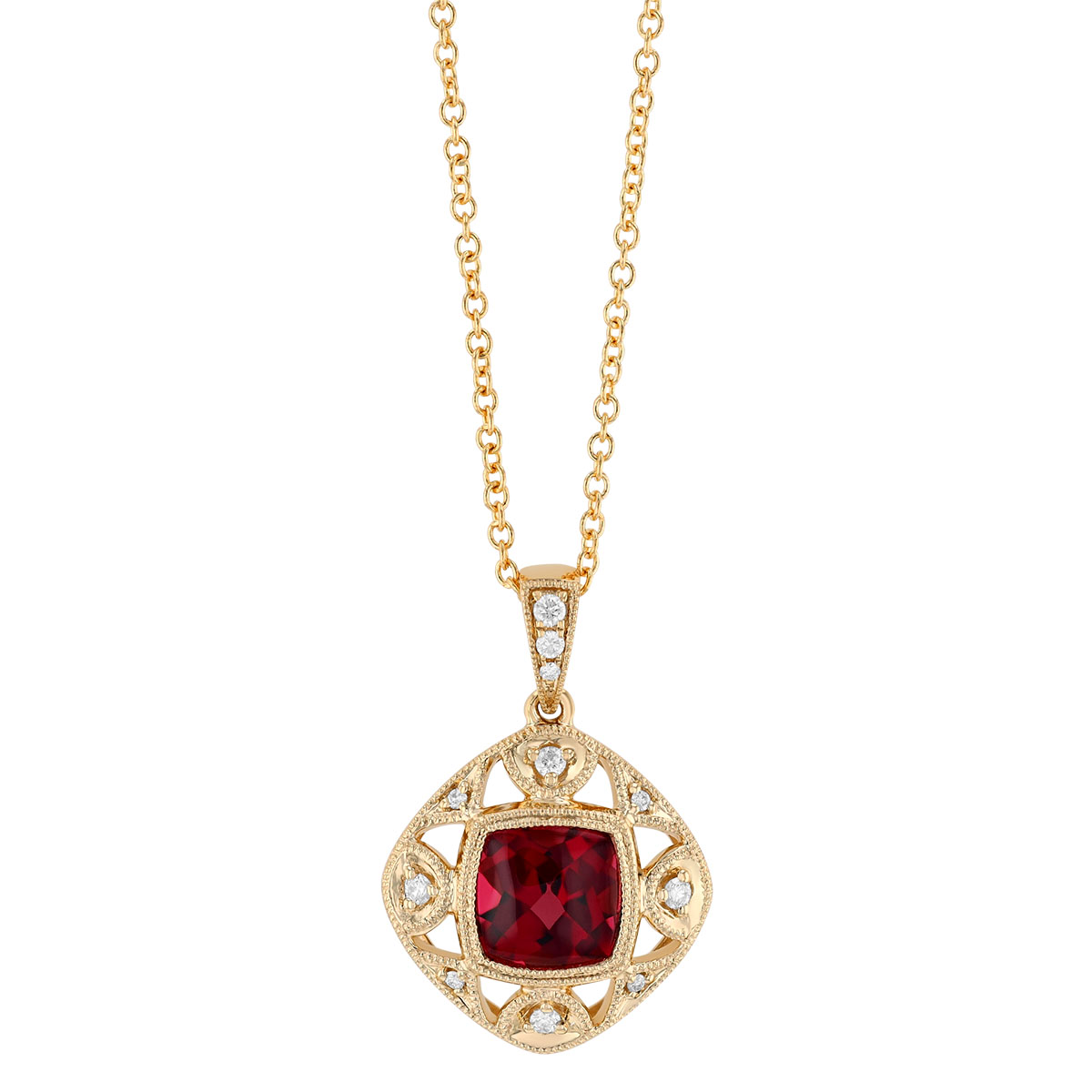Cushion Cut Rhodolite Garnet & Diamond Milgrain Pendant in Yellow Gold, 18