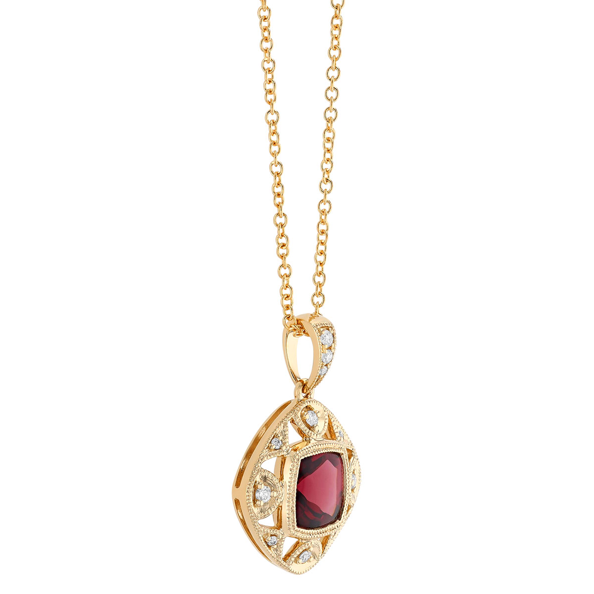 Cushion Cut Rhodolite Garnet & Diamond Milgrain Pendant in Yellow Gold, 18