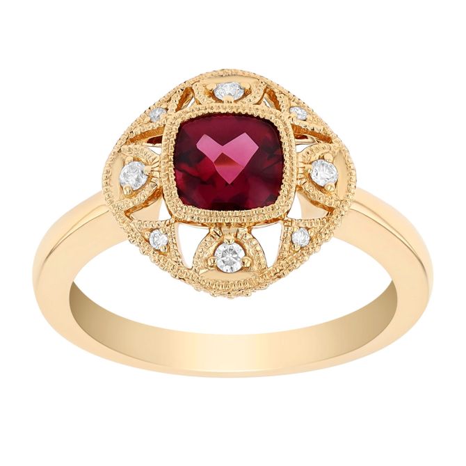 Cushion Cut Rhodolite Garnet & Diamond Milgrain Ring in Yellow Gold
