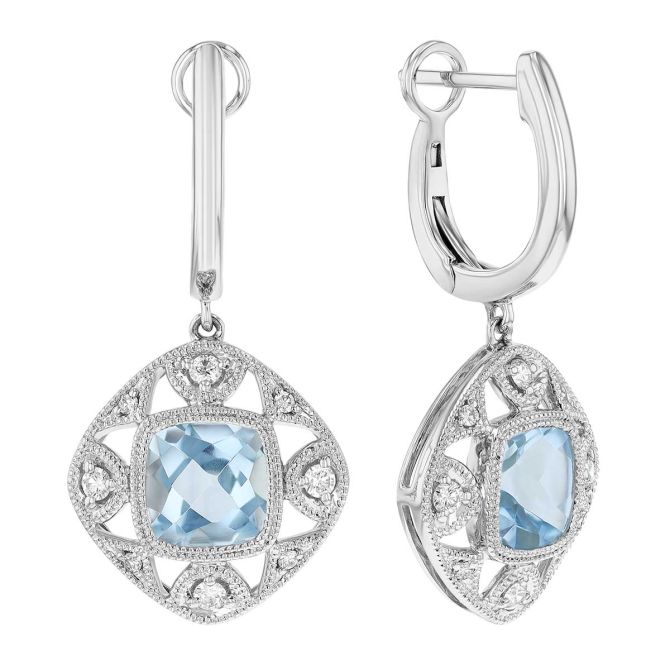 Cushion Cut Aquamarine & Diamond Milgrain Dangle Hoop Earrings in White Gold