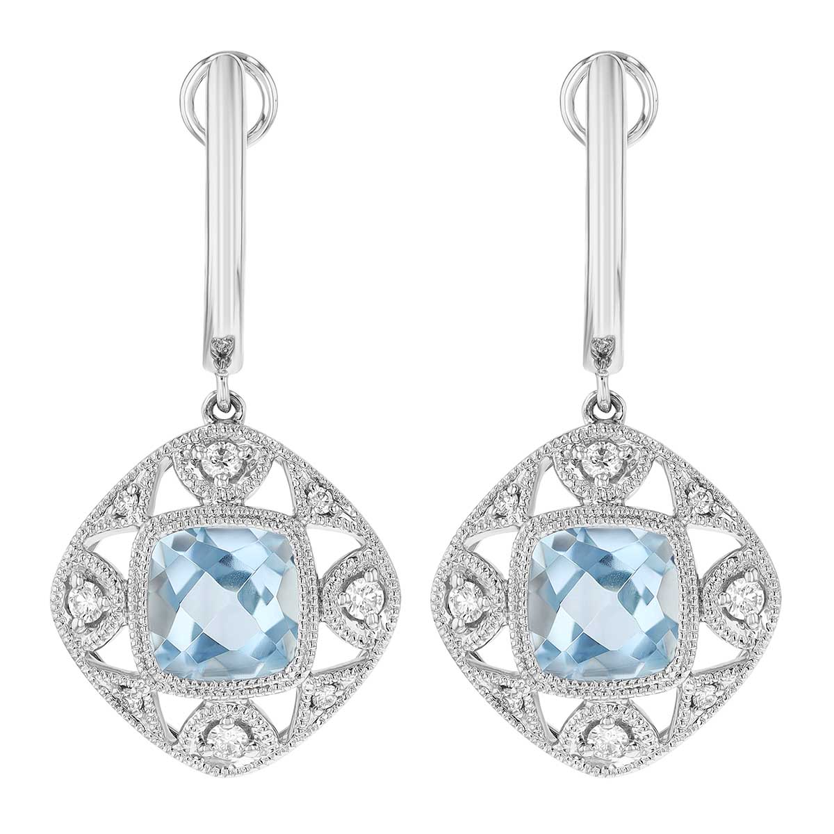 Cushion Cut Aquamarine & Diamond Milgrain Dangle Hoop Earrings in White Gold