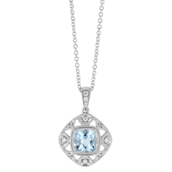 Cushion Cut Aquamarine & Diamond Milgrain Pendant in White Gold, 18"