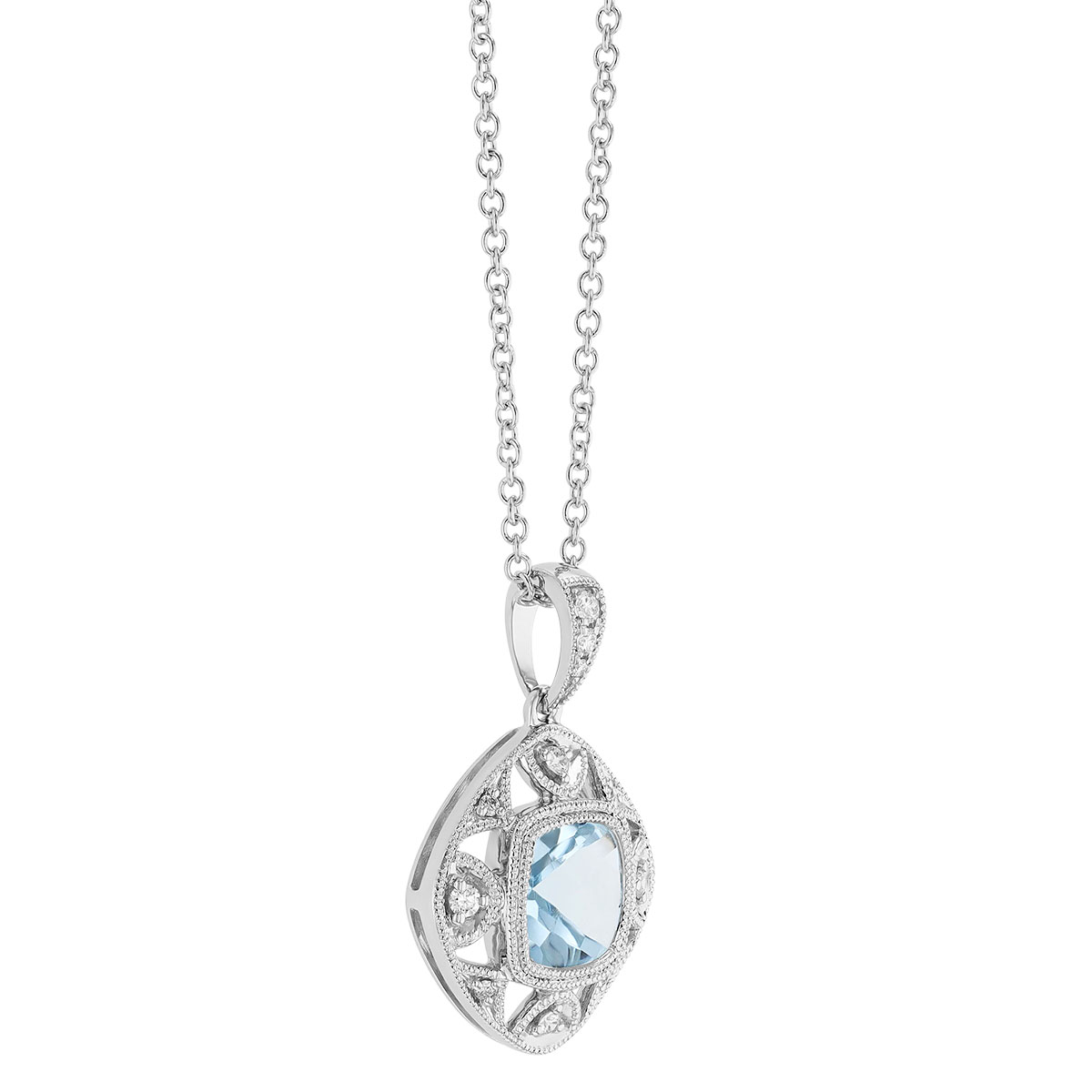 Cushion Cut Aquamarine & Diamond Milgrain Pendant in White Gold, 18