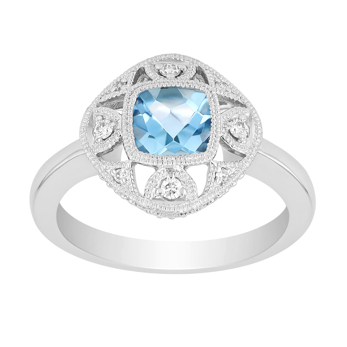 Cushion Cut Aquamarine & Diamond Milgrain Ring in White Gold
