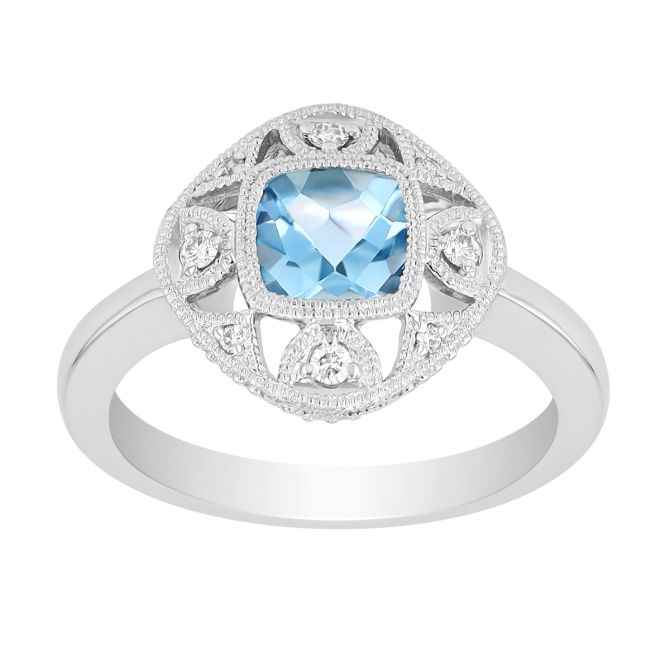 Cushion Cut Aquamarine & Diamond Milgrain Ring in White Gold
