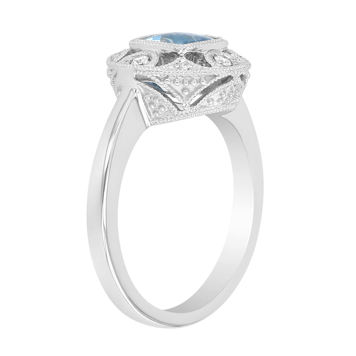 Cushion Cut Aquamarine & Diamond Milgrain Ring in White Gold