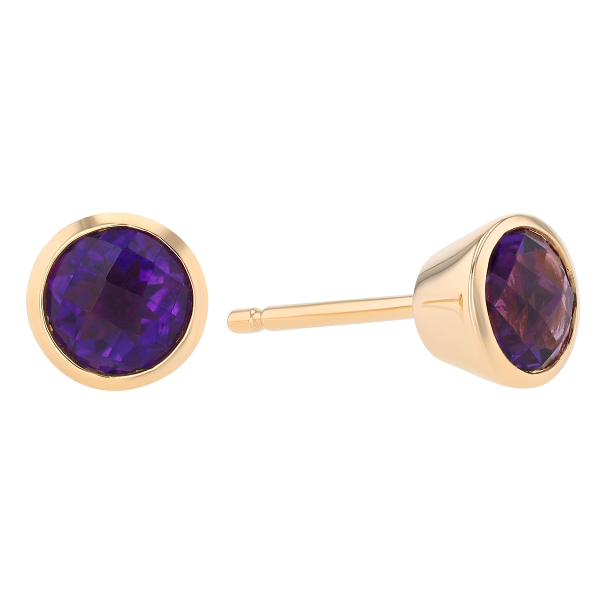 Bezel Set Round Amethyst Stud Earrings in Yellow Gold