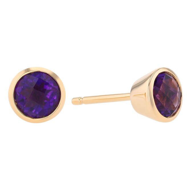 Bezel Set Round Amethyst Stud Earrings in Yellow Gold